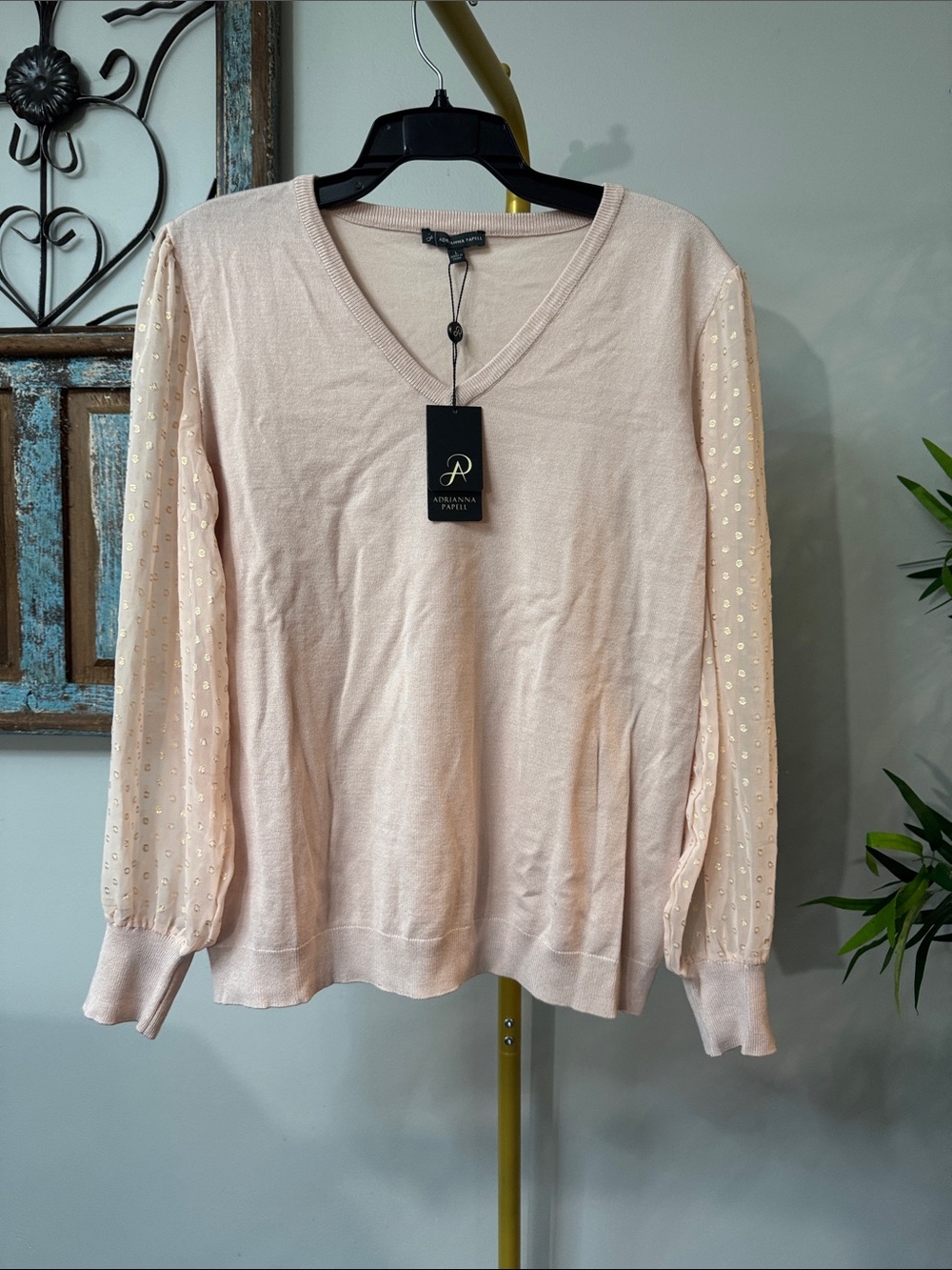 Blush Pink V-Neck Knit Top with Sheer gold Dot balloon Sleeves NWT L